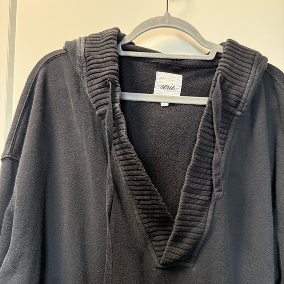 Aerie Oversized Deep V-Neck Black Hoodie Heavyweight Athleisure Neutral Pullover - Picture 2 of 5
